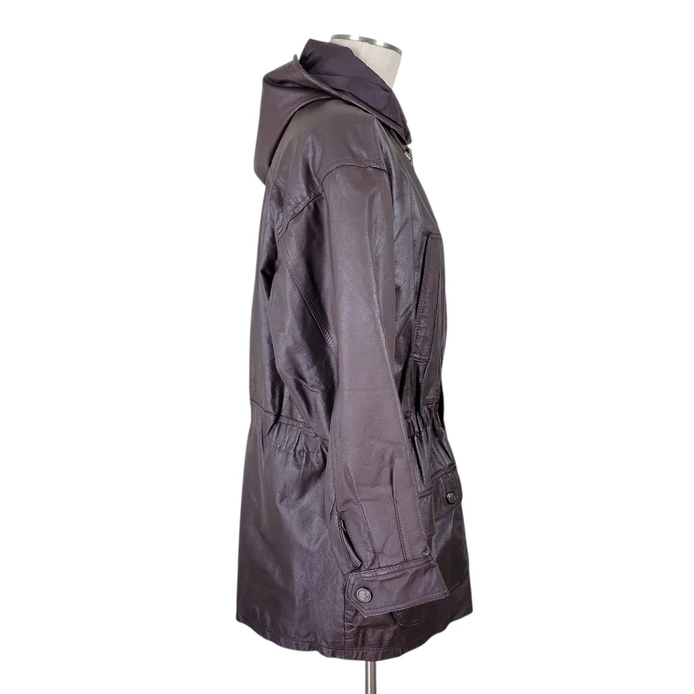 DANY Leather Coat  Women Size L Brown Hooded Zip Snaps 4 Pockets Cinched Vintage
